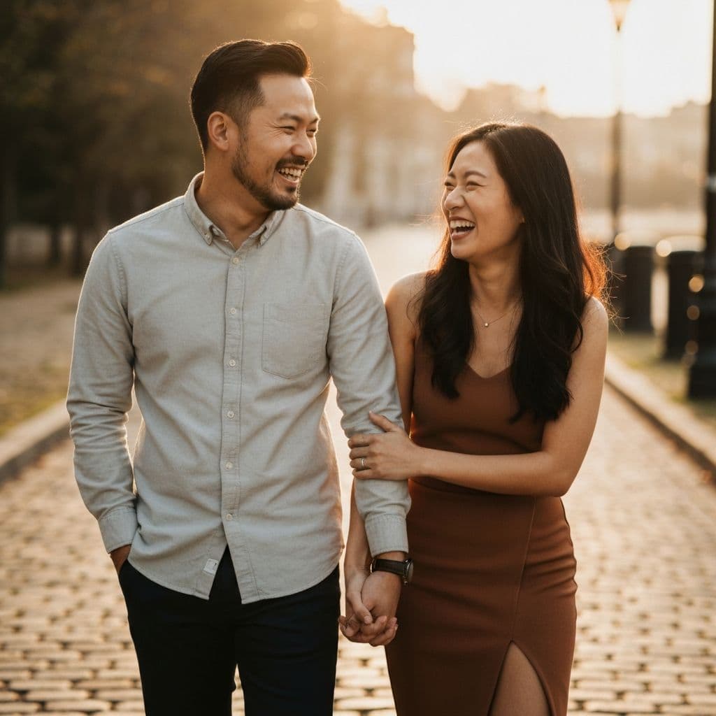 Asian couple laughing together
