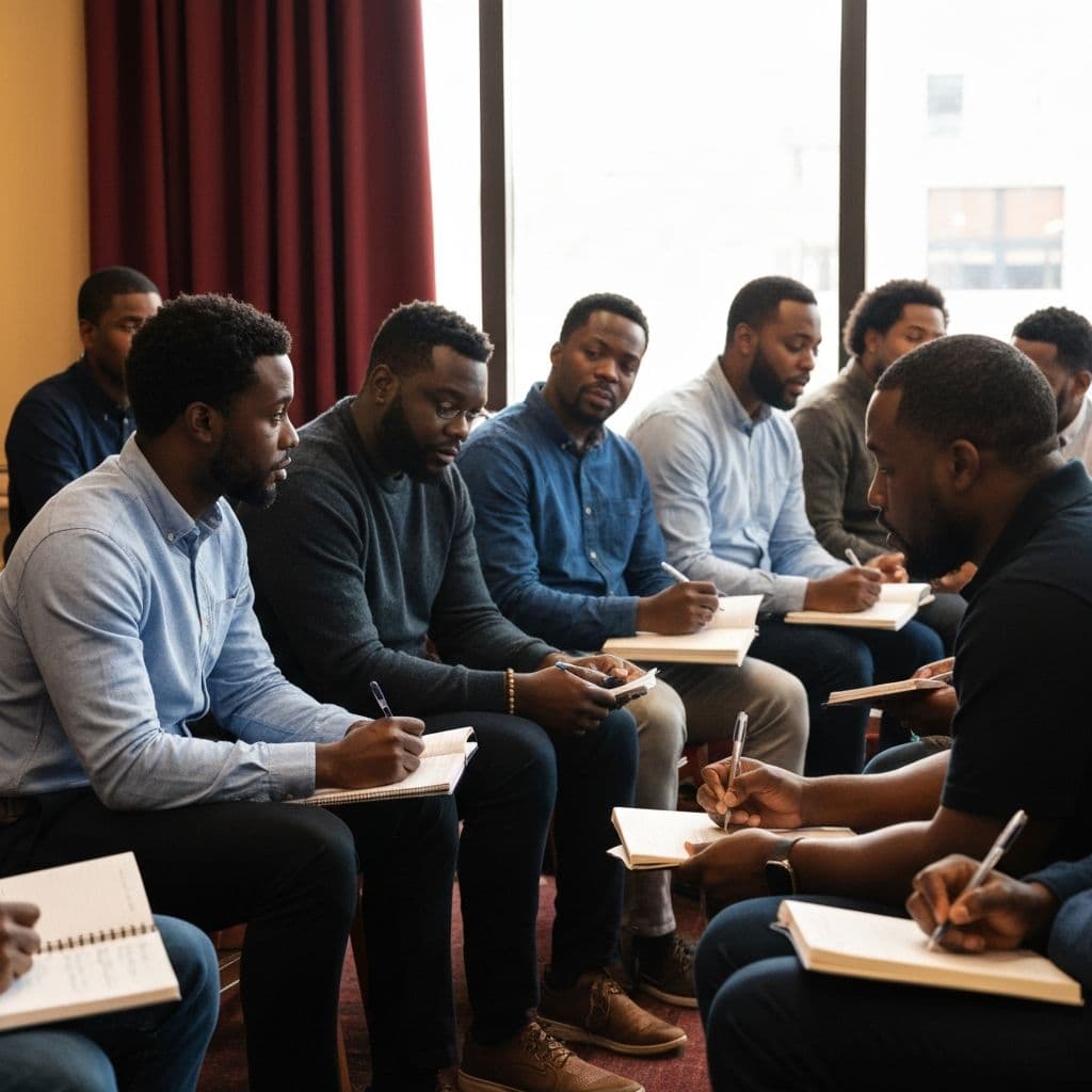 Men in mentorship programme - diverse group supporting each other